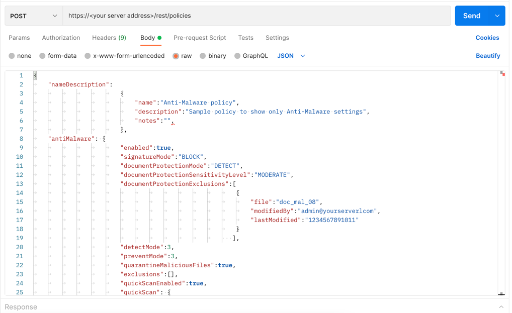 Example of a request body to set Anti-Malware settings in a sensor policy